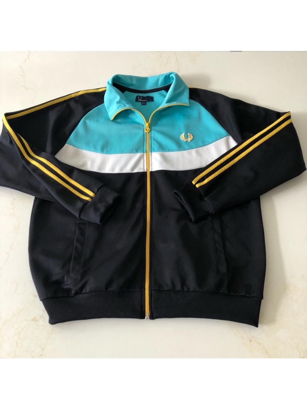 Fred Perry Black, Teal & White Zip-Front Bomber with Yellow Trim